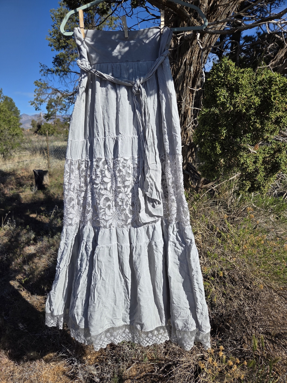 Bohemian Lace-Tier Maxi Skirt in Light Gray with Waist Tie